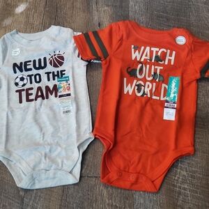 NWT Spring baby boy 2pc orange & gray onesie set size 12mos Dinosaurs & Sports